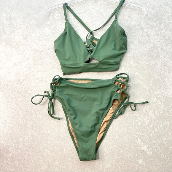 SHADE & SHORE Swimsuit Lace-Up Hight Waist 2 Piece Bikini Sage Green Size M/36C - Picture 3 of 16